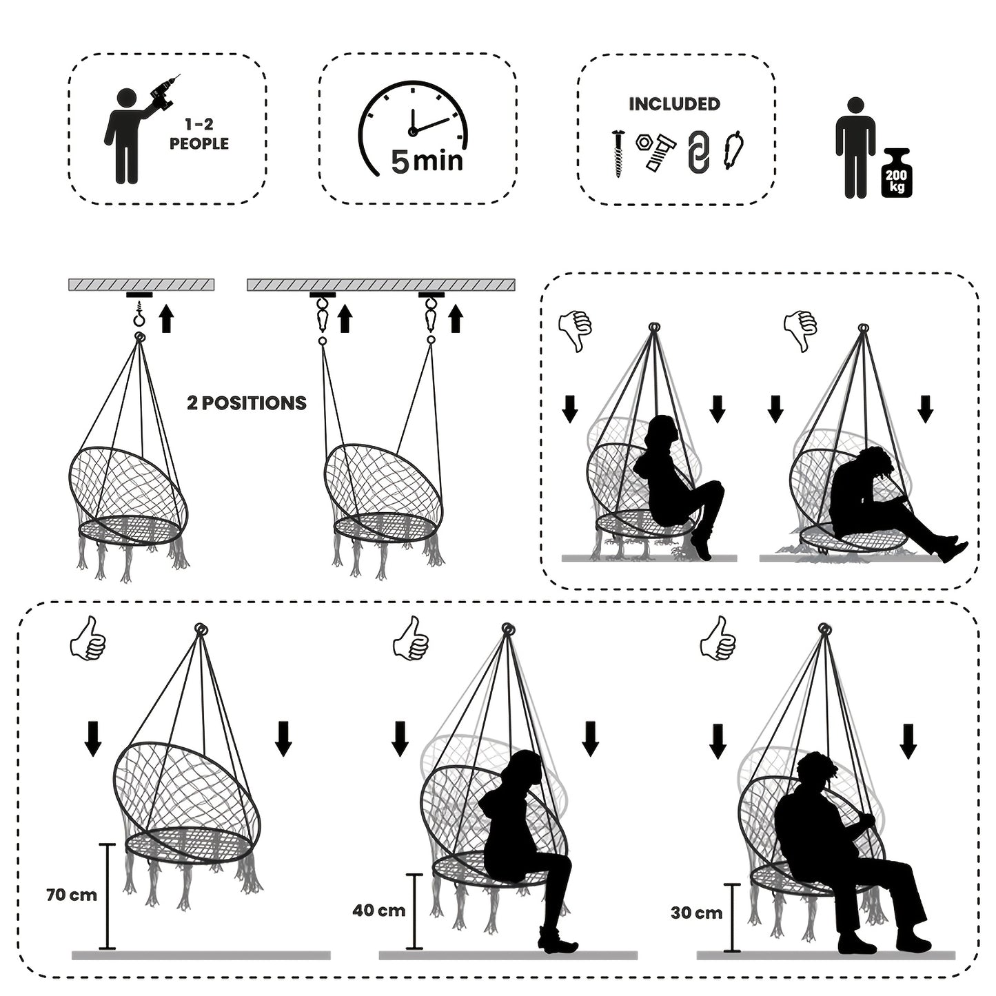 Hanging Chair for Bedroom Hammock Chair Swing with Lights And Hardware Kits Holds Up to 550Lbs Macrame Swing Chair Hanging Cotton Rope Swing Chair for Bedroom, Patio, Deck, Garden And Porch