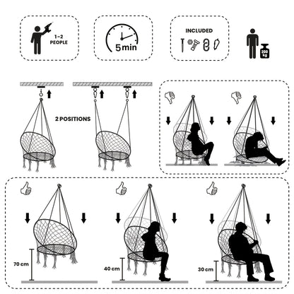 Hanging Chair for Bedroom Hammock Chair Swing with Lights And Hardware Kits Holds Up to 550Lbs Macrame Swing Chair Hanging Cotton Rope Swing Chair for Bedroom, Patio, Deck, Garden And Porch