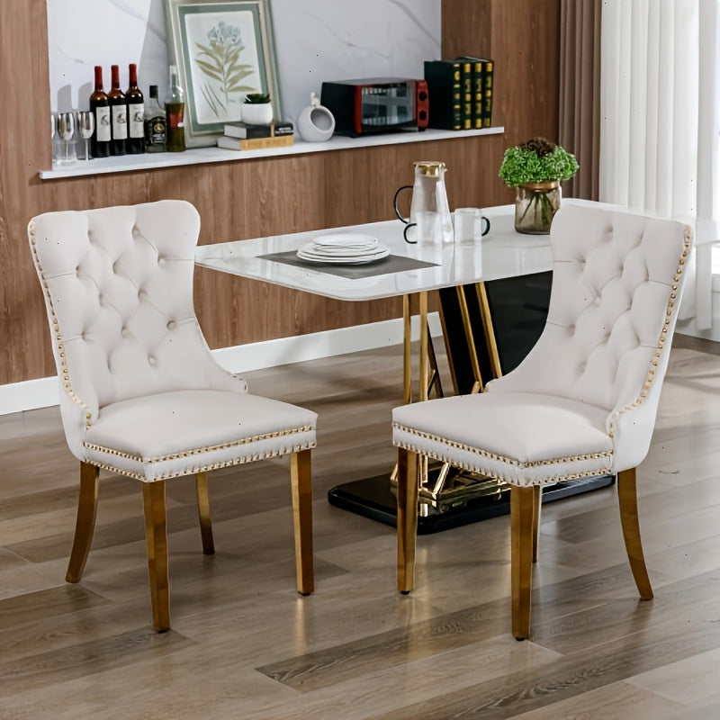 Solid Wood Velvet Upholstered Dining Chair, Modern Design Quilted Dining Chair with Nail Head Accent And Solid Gold Plated Legs, Set of 2 for Kitchen, Living Room, Apartment