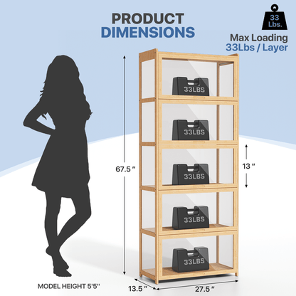 Display Cabinet with Acrylic Doors, 5-Tier Curio Cabinet for Collectibles, Display Case Showcase for Living Room, Office, 27.5" (L) x 13.5" (W) x 67.5" (H)