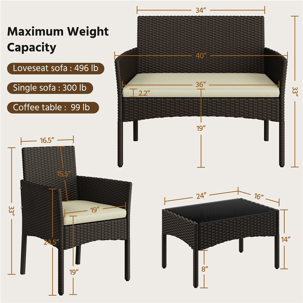 Costoffs Patio Furniture Set 4 Pieces Conversation Sets, Rattan Chair Wicker Set Loveseat with Soft Cushion and Glass Table Halloween Patio Furniture for Backyard Porch Garden Poolside Balcony