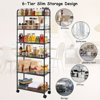 A Slim, Six-Tiered Storage Cart on Wheels, Designed for Utility And Mobility, Perfect for Organizing Spaces in The Kitchen Or Bathroom. Available in Black, with Dimensions Ranging from 6 to 10 Inches