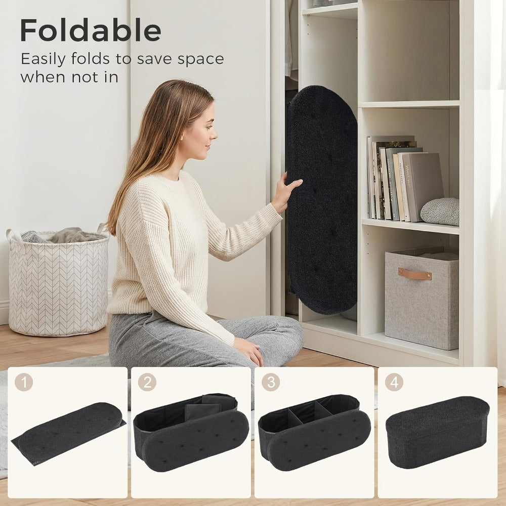 Storage Ottoman Bench with Lid, Folding Cushioned Foot Rest Stool 30/43 Inch Oval Round Seat 250 Lb Capacity for Living Room Bedroom Entryway