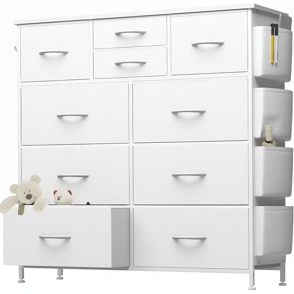 Dresser shown in the 10 Drawers(Side Pockets) - White option