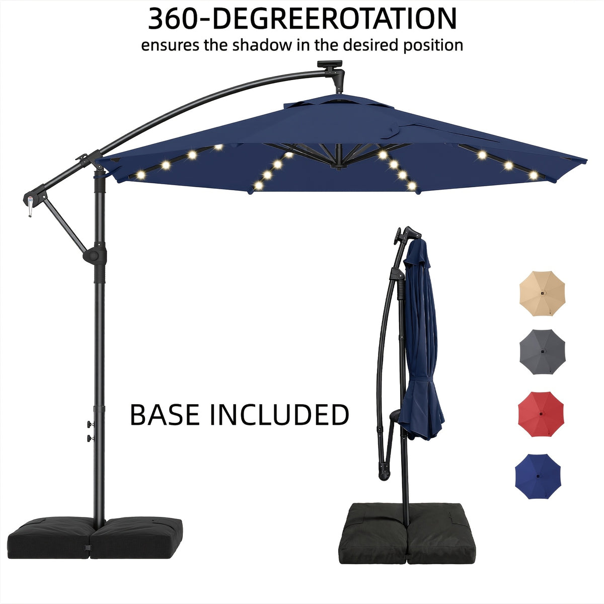 Offset Patio Umbrella shown in the 360° Rotation Blue with Base option