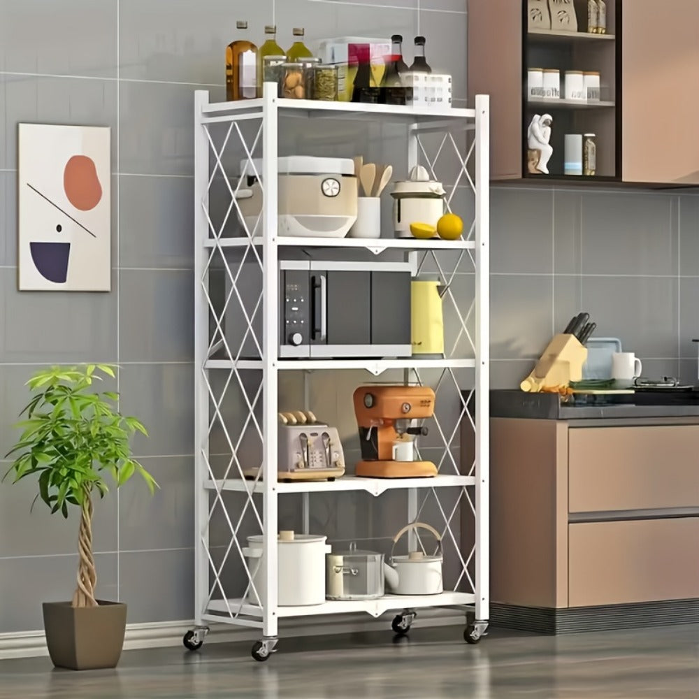 Heavy-Duty Foldable Storage Shelf with Wheels – 3, 4 or 5 Tier Black Metal Shelving Unit, No Assembly Required, Space-Saving Rack for Living Room, Kitchen, Garage & Office
