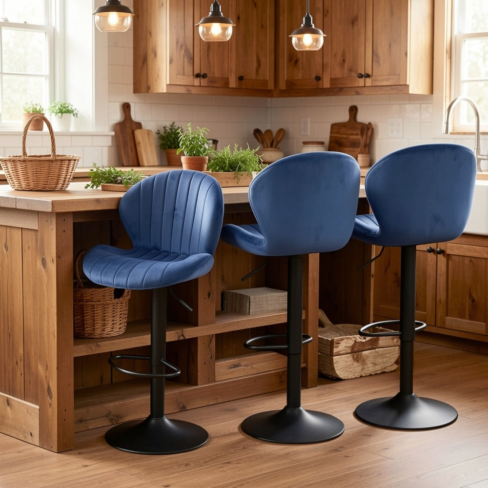 Velvet Bar Stools Set of 2 or 3 with Back & Footrest, Height Adjustable Swivel Counter Stools Shell Shape Kitchen Island Chairs 300 LBS, Green Blue Black Gray