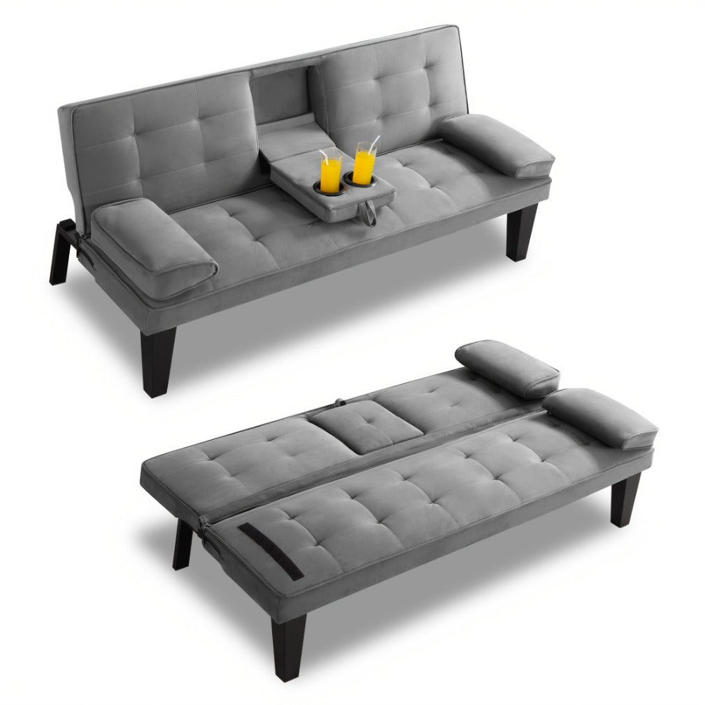 Futon Sofa Bed Convertible 65 Inch Foldable Lounge Chair Sleeper Couch with Adjustable Backrest Detachable Armrests Cup Holders Linen Upholstery Living Room Guest Room Black Gray Blue