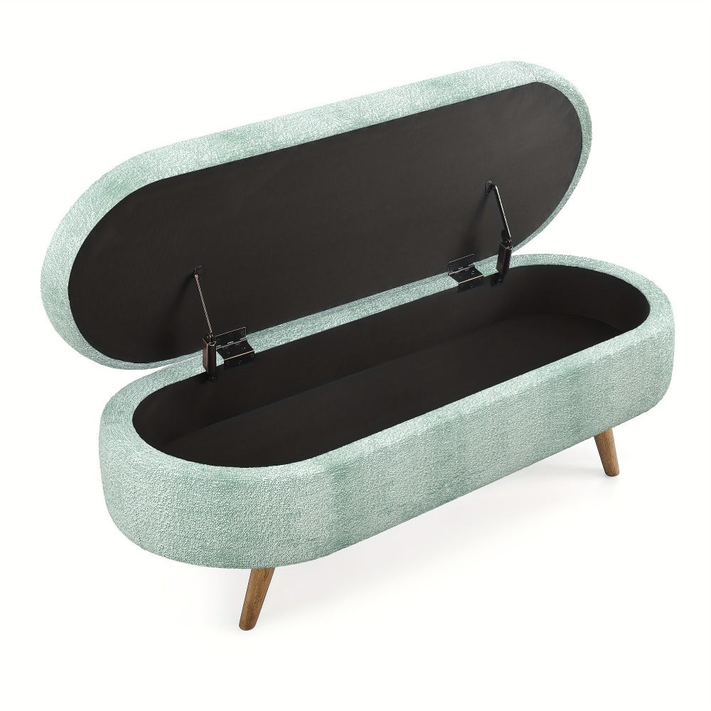 Oval Storage Bench with Linen Upholstery and Solid Wood Legs - Perfect for Hallway, Bedroom, or Living Room Organization