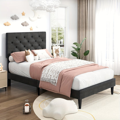 Twin/Full/Queen/King Size Bed Frame With Headboard, Linen Fabric Upholstered Bed Frame With Wood Slats(mattress Not Included), Halloween Decor, Wood Slats For Easy Assembly, Button Tufted, White/Blue/Dark Gray/Light Gray/Pink