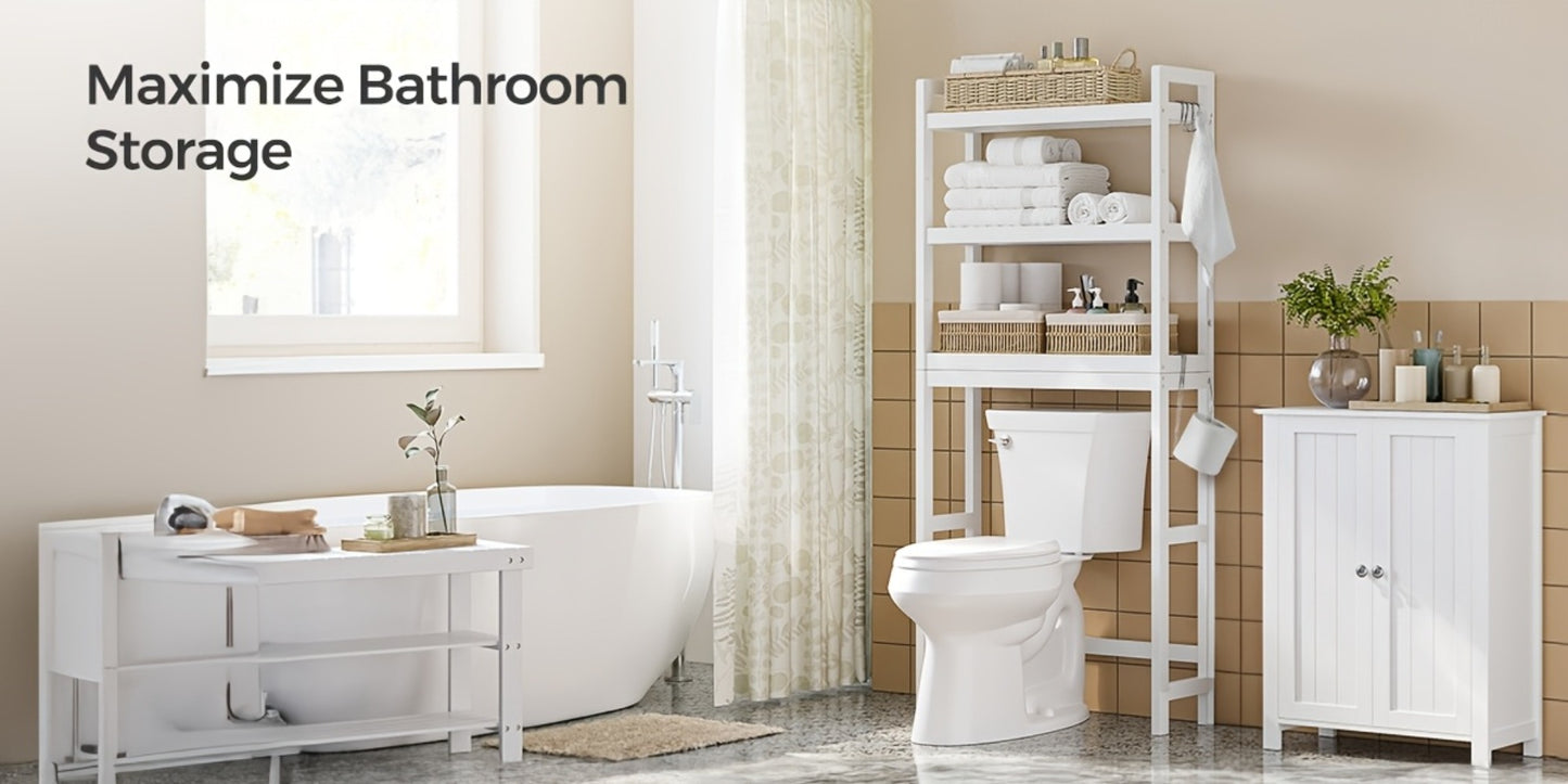 Three-Level Shelf Unit for Above The Toilet - Bathroom Organizer That Resists Rust with Adjustable Shelves | Space-Efficient Storage for Towels, Toilet Paper, And Tissues, Vertical Display for Toiletries & Convenient Access