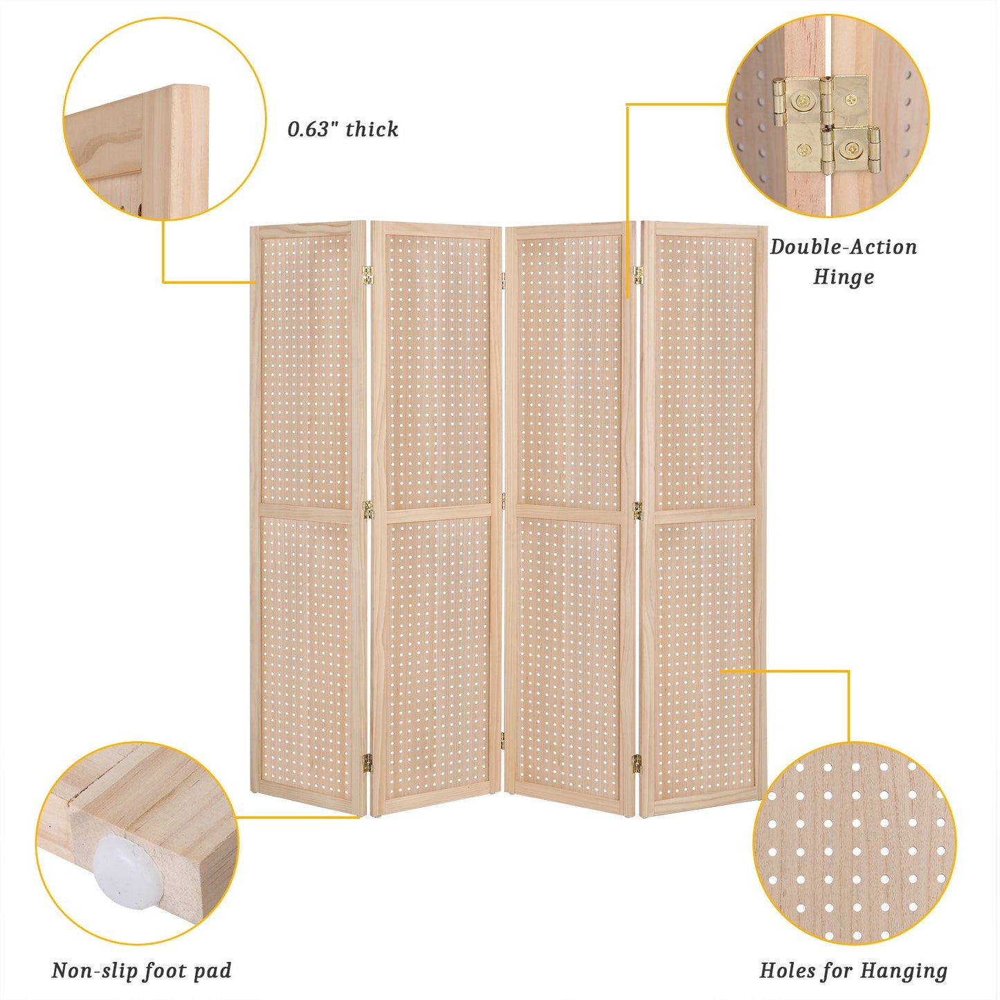VINGLI Freestanding Pegboard with Support Feet, 5 FT Wood Room Divider Display Board Organizer, Folding Privacy Screen Partition Space Separator for Craft Shows Events Retail