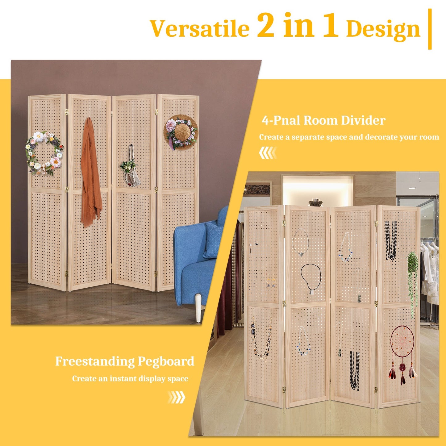 VINGLI Freestanding Pegboard with Support Feet, 5 FT Wood Room Divider Display Board Organizer, Folding Privacy Screen Partition Space Separator for Craft Shows Events Retail