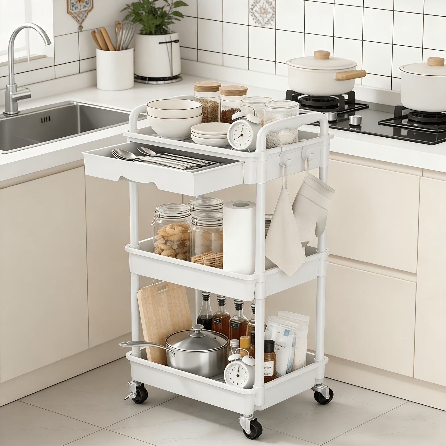 3/ 4 Tier Rolling Utility Cart with Drawer - Multifunctional Storage Organizer with Lockable Wheels&Plastic Shelves for Kitchen, Bathroom, Office, Living Room-Ideal for Industrial & Scientific Material Handling Solutions