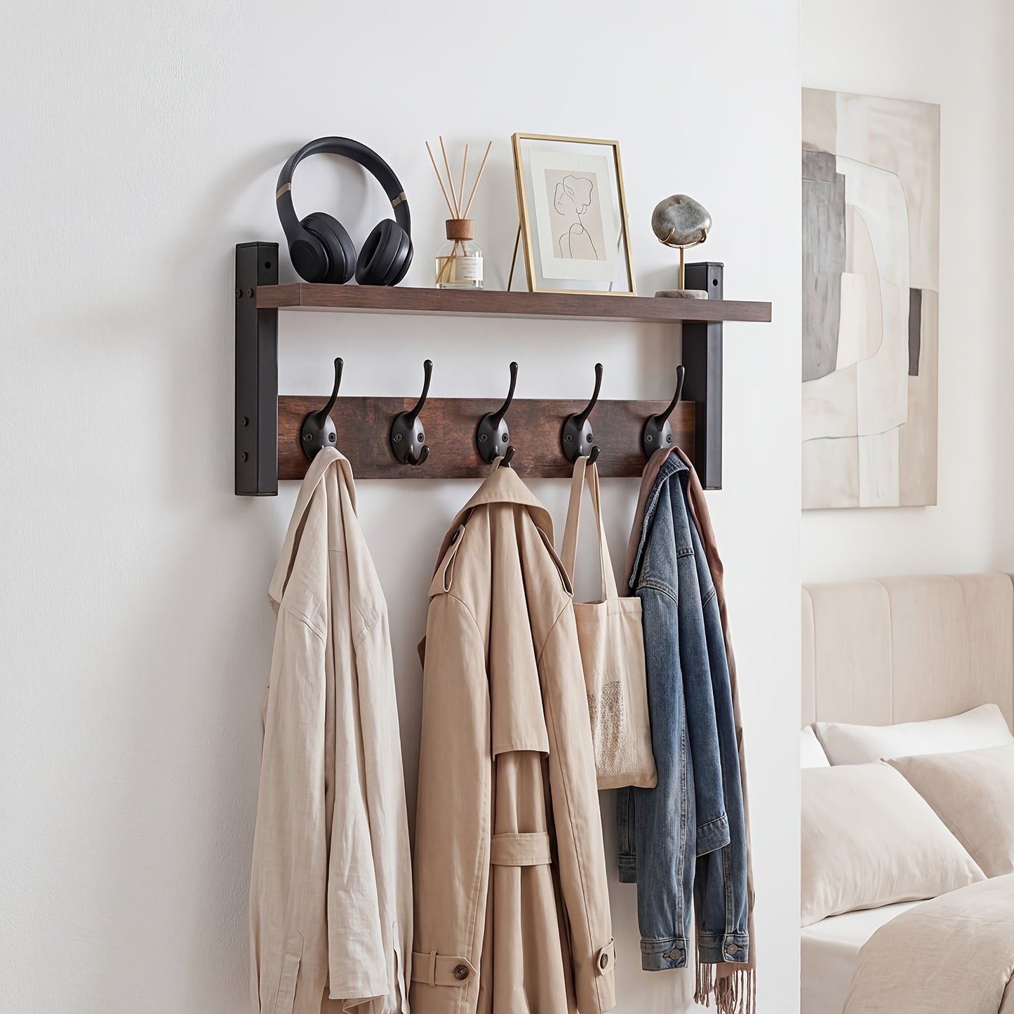 Heavy Duty Industrial Metal Wall-Mounted Coat Rack with Shelf & Hooks - Rustproof Entryway Organizer with Multi-Tier Storage, Space-Saving Design for Hallway, Porch, Mudroom - Sturdy Hardwood/Metal Construction, No Assembly Required