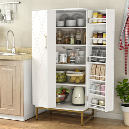51" Modern Kitchen Pantry Cabinet with 6 Adjustable Shelves, Multi-Function Storage Cabinet with Golden Metal Base, Versatile Large Buffet Cupboards Sideboard for Dining Room, Bathroom, Living Room, Laundry, White And Golden