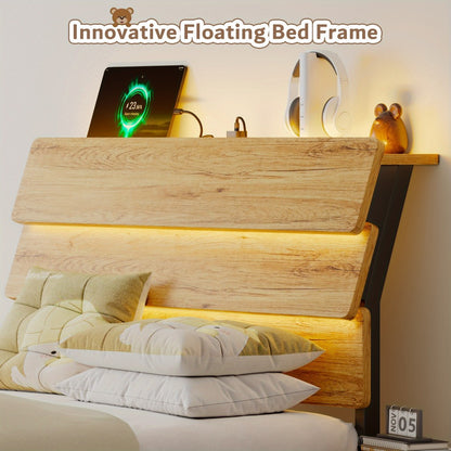 Floating Bed Frame with LED Lights Built-In Charging Station Wooden Headboard Heavy-Duty Metal Support Easy Assembly Bedroom Furniture
