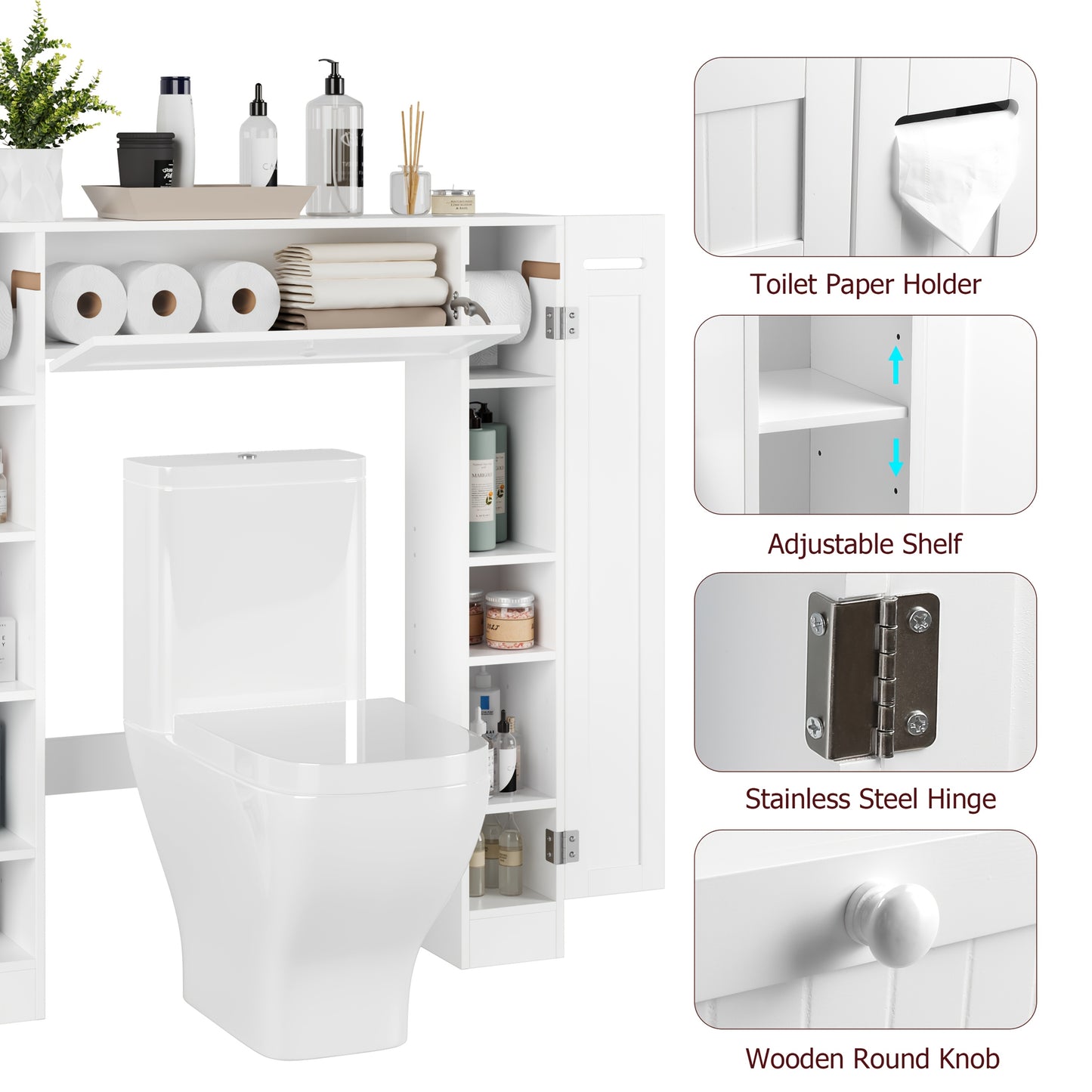 White Bathroom Storage Cabinet Designed to Fit Over The Toilet, Featuring a Paper Holder And Adjustable Shelves, Along with Two Side Doors And a Pull-Down Door