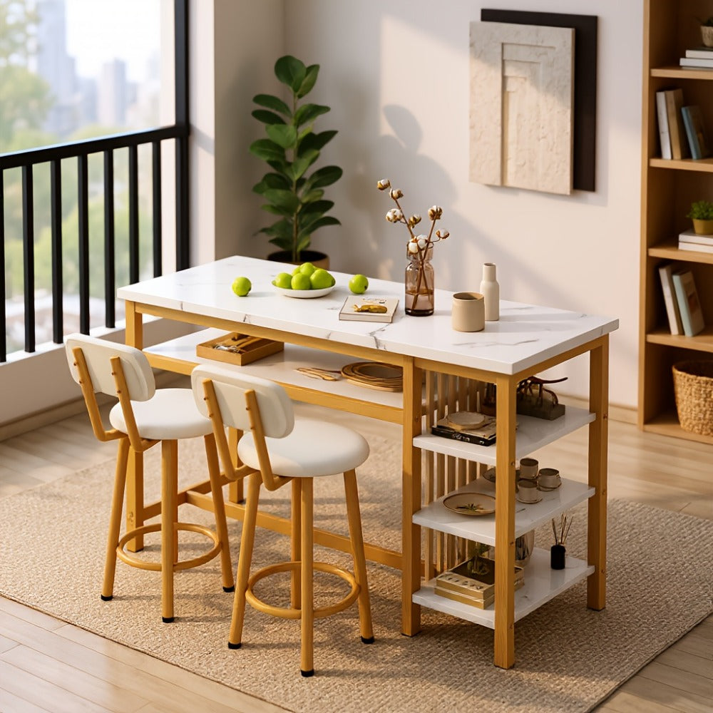 3-Piece Counter Height Dining Table Set with Faux Leather Bar Stools & Storage Shelves - Modern Farmhouse Breakfast Nook Set for Small Spaces, MDF Top & Metal Frame