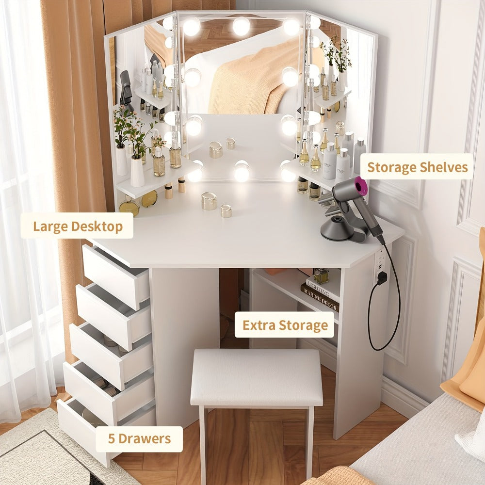 42" Corner Makeup Vanity Desk with Tri-Mirror, Lights & Outlet, 5 Sliding or Rotating Drawers, Stool Included – Dressing Table Set for Bedroom