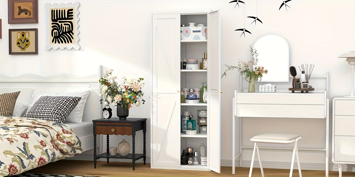 Metal Storage Cabinet, Metal Kitchen Pantry Cabinet, Food Pantry Storage Cabinets With Doors And Shelves, Large Steel Storage Cabient For Dinning Room, Laundry Room, White/Black
