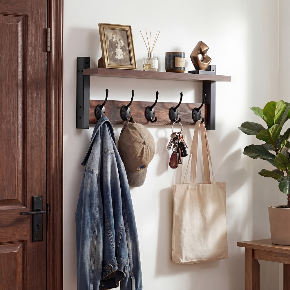 Wall-Mounted Coat Rack with Shelf & Hooks Heavy Duty Industrial Metal, Rustproof Entryway Organizer Multi-Tier Storage for Hallway Mudroom Porch, No Assembly Required Vintage Style