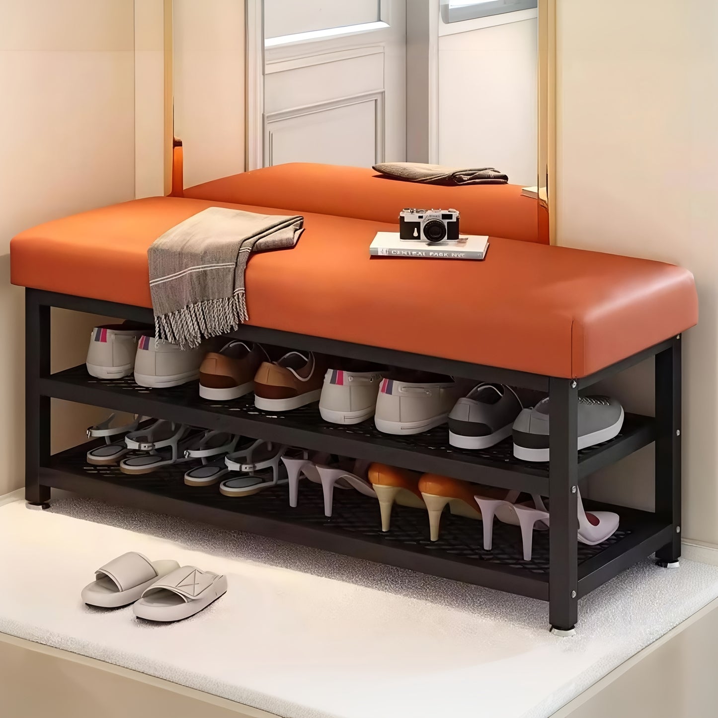 Modern Entrance Passage Shoe Changing Stool, Shoe Rack with Soft Cushion Shoe Storage Organizer, Easy to Install Metal Frame - Ideal Choice for Bedroom Or Foyer. Multi-Compartment Design, Space-Saving Entrance Channel Storage Rack