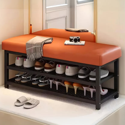 Modern Entrance Passage Shoe Changing Stool, Shoe Rack with Soft Cushion Shoe Storage Organizer, Easy to Install Metal Frame - Ideal Choice for Bedroom Or Foyer. Multi-Compartment Design, Space-Saving Entrance Channel Storage Rack