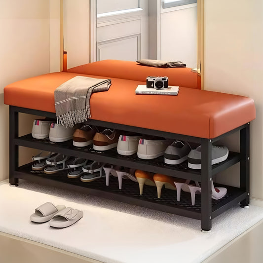 Modern Entrance Passage Shoe Changing Stool, Shoe Rack with Soft Cushion Shoe Storage Organizer, Easy to Install Metal Frame - Ideal Choice for Bedroom Or Foyer. Multi-Compartment Design, Space-Saving Entrance Channel Storage Rack