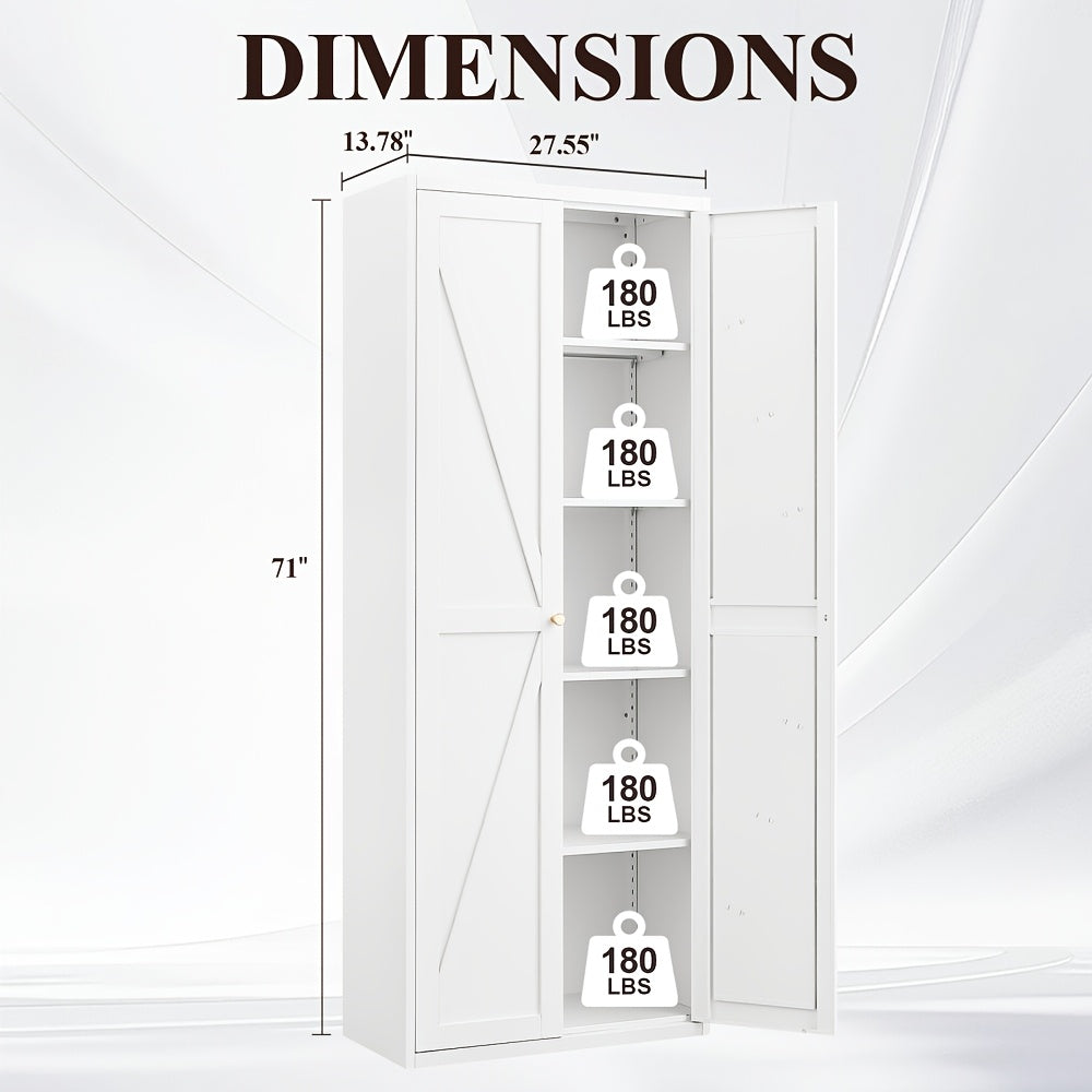 71" Farmhouse White Kitchen Pantry Cabinet - 2 Barn Doors, 4 Adjustable Shelves & Legs - Ideal for Cupboard, Dining, Bath, Living, Office, Laundry Room