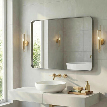 Rounded Rectangle Wall Mounted Vanity Mirror Modern Matte Metal Frame, Decorative Bathroom Mirror for Entryway Bedroom Living Room Home Decor