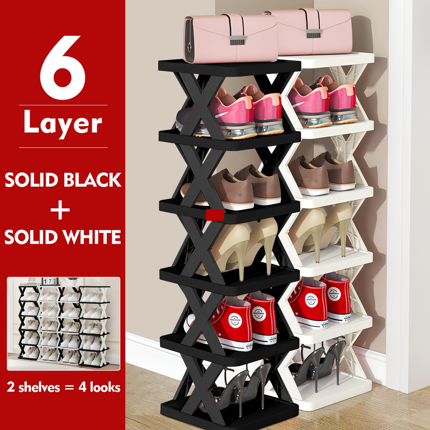 6/9 Tier Narrow Shoe Rack Give Away Shoehorns, Small Vertical Shoe Stand, Space Saving DIY Free Standing Shoes Storage Organizer for Entryway, Closet, Hallway, Easy Assembly and Stable in Structure, White and Green / Black / Blue