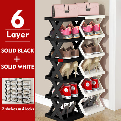 6/9 Tier Narrow Shoe Rack Give Away Shoehorns, Small Vertical Shoe Stand, Space Saving DIY Free Standing Shoes Storage Organizer for Entryway, Closet, Hallway, Easy Assembly and Stable in Structure, White and Green / Black / Blue