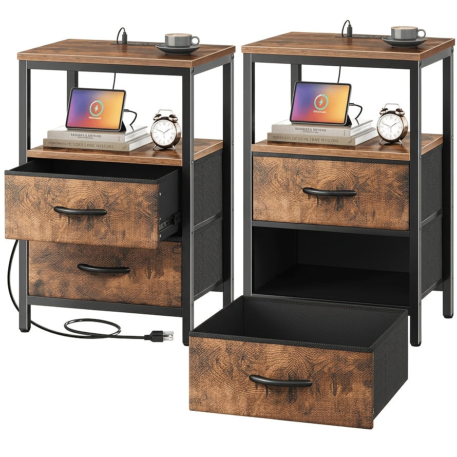 1/ 2P Bedside Table with Quick Charge USB/ Type-C Ports - Space Saving Floating Nightstand with 2 Adjustable Drawers& Built-in Socket, Ideal for Modern Bedrooms