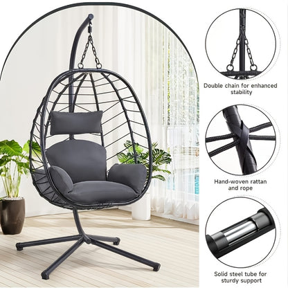 [Egg Swing Chair] Hanging Egg Chair With Stand, Rattan Wicker Egg Chair With Cushion Headrest, Outdoor Indoor Egg Swing Chair With Dual Chains, 350LBS Capacity For Patio, Porch, Balcony, Bedroom (Light Grey)