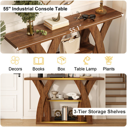 55 "Wooden Rustic Console Table, X-Shaped Leg Design, 2-Tier Shelf. Multifunctional Storage. Suitable for Use Behind The Sofa in The Living Room, in The Corridor, in The Entrance Hall, Or at The Entrance. Light Brown And Tiger Brown