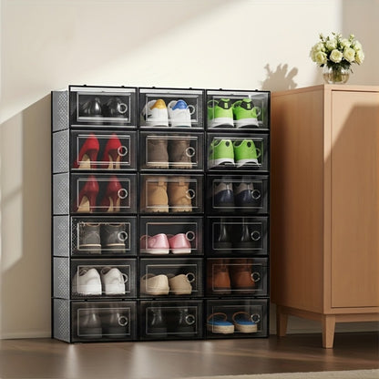 Clear Stackable Shoe Boxes with Lids 6, 12 or 24 Pack, Plastic Shoe Storage Organizer for Closet Sneaker Display, Modular Space Saving Shoe Containers, Black White