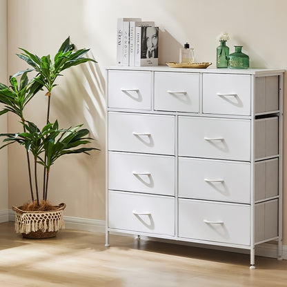 9 Drawer Fabric Dresser with Bins Tall Chest Organizer for Bedroom Closet Hallway Steel Frame Wood Top Easy Pull Handles