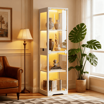 Single Door Glass Display Cabinet 4 Tier with 3 LED Lights Smart Motion Sensor Large Capacity Storage for Tableware Cups Wine Dining Room Living Room Black White