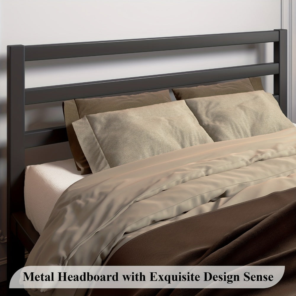 Metal Platform Bed Frame with Slatted Headboard – Under Bed Storage, No Box Spring Needed, Sturdy Metal Slats, Black White, Twin Full Queen King