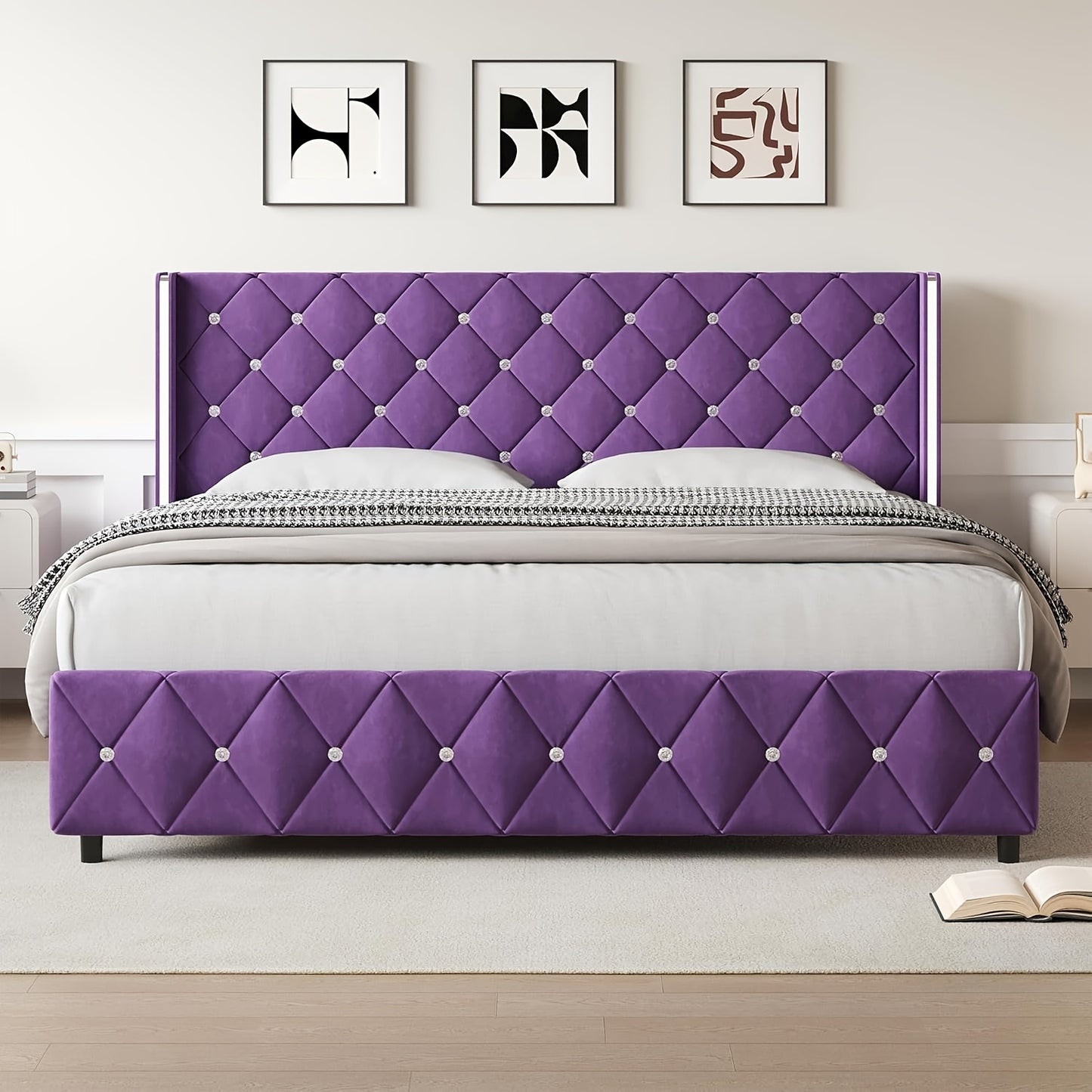 Diamond Tufted Bed Frame with Wingback Headboard & Silvery Side Wings – Upholstered, No Box Spring, Twin Full Queen King, 6 Colors