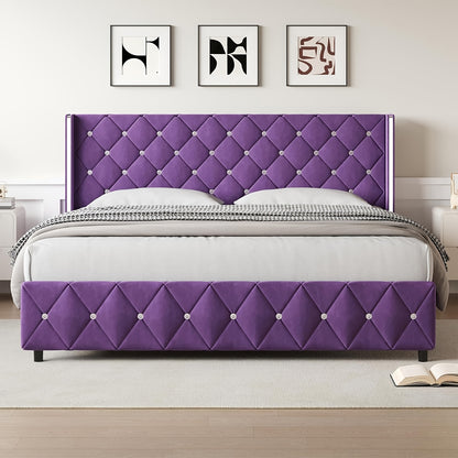 Diamond Tufted Bed Frame with Wingback Headboard & Silvery Side Wings – Upholstered, No Box Spring, Twin Full Queen King, 6 Colors