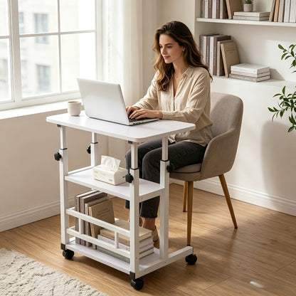 Height Adjustable Computer Desk with Storage Shelf & Wheels – Mobile Rolling Desk for Home Office, Small Space Study Workstation