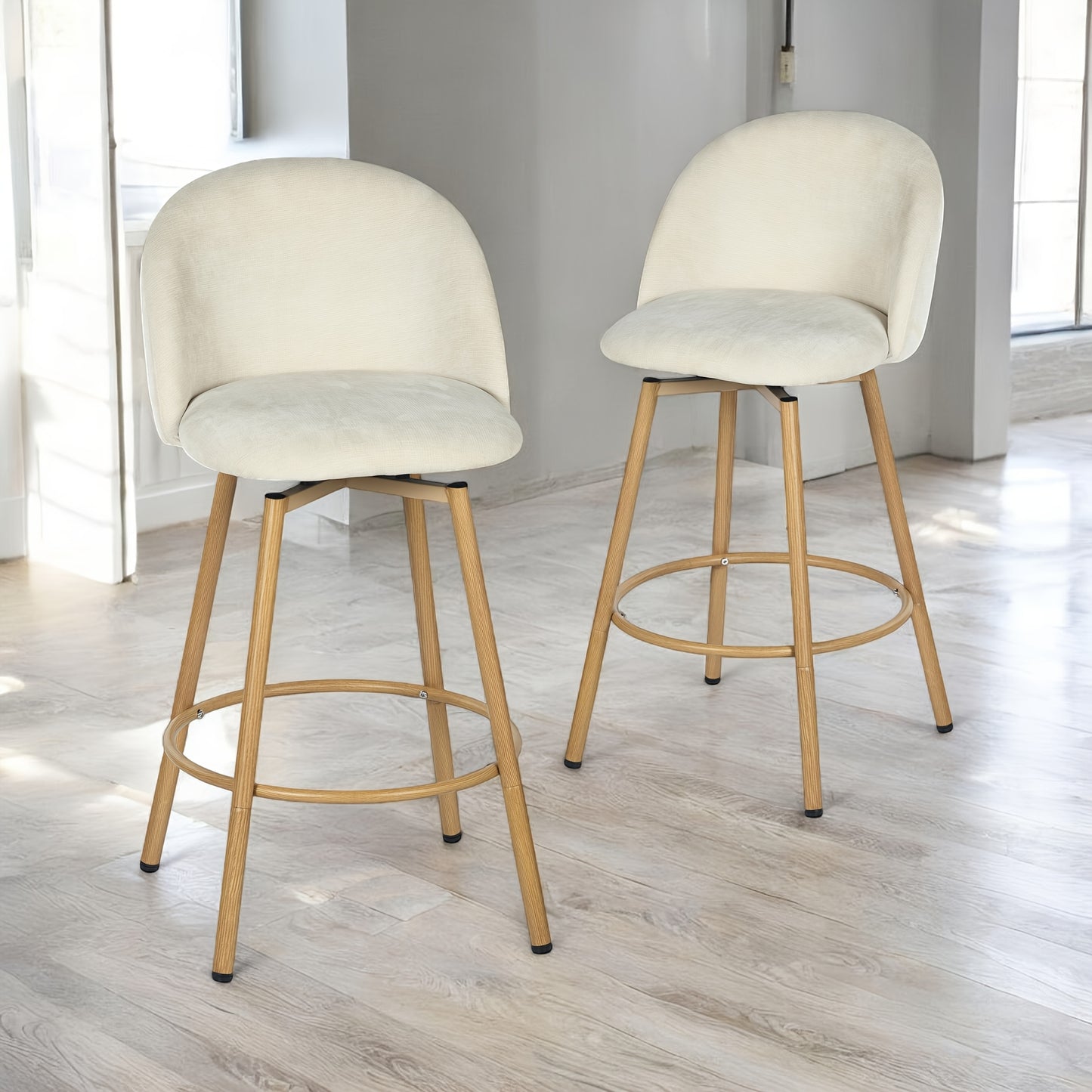 Homy Casa Set Of 1/2/3/4 Upholstered Swivel Counter Stools, 26-Inch, Industrial Style, Beige Fabric Seat with Footrest & Oak-Finish Legs, Ideal for Kitchen Islands Or Dining Areas