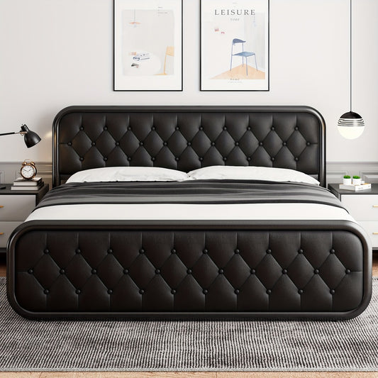 Bed Frame, Metal Platform with Faux Leather Headboard Heavy Duty Steel Slats 12 Inch Under shown in the main product view