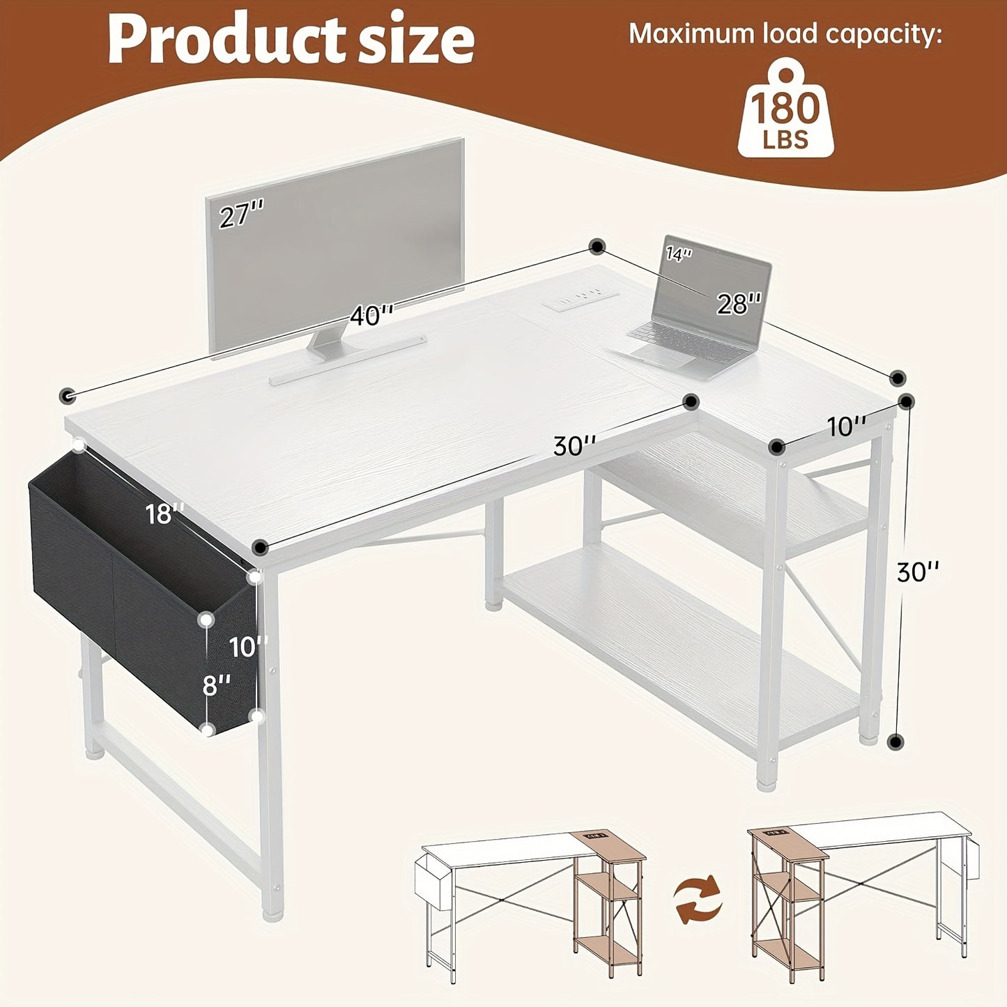 L Shaped Computer Desk with Power Outlets, Computer Desk with Storage Shelves, Home Office Corner Desk for Work, Writing Study Desk with Gaming Desk for Bedroom Office Dorm, L Shaped Desk, Desk, Desk, Computer Desk, Desk Gaming