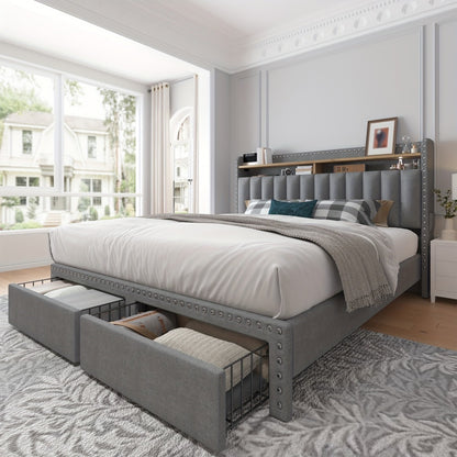 King Size Upholstered Bed Frame with Storage 2 Drawers 2-Tier Headboard Wood Slats No Box Spring Noise-Free Easy Assembly Modern Grey Beige