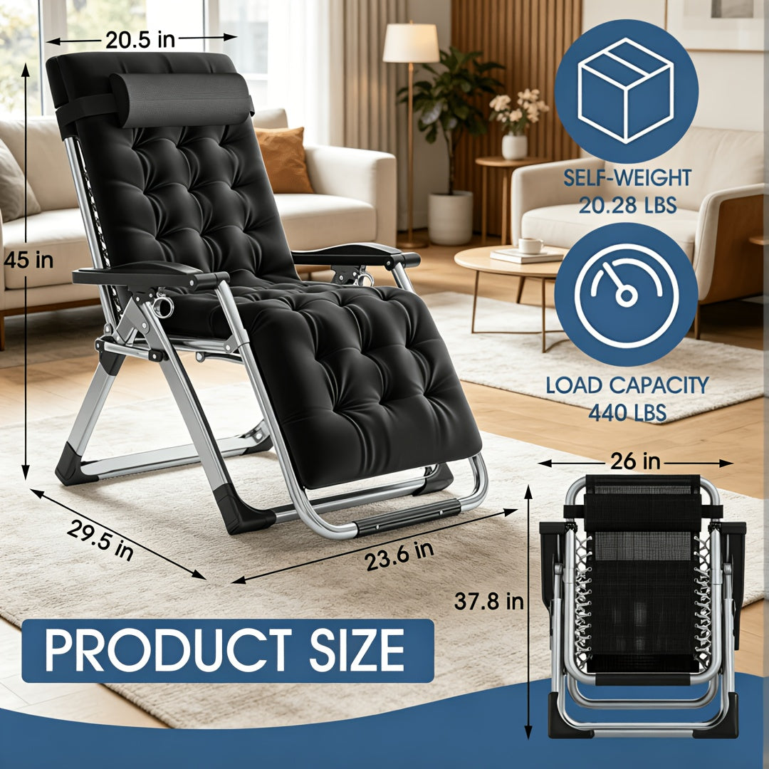 Portable Folding Chaise Lounge Chair, Outdoor Lawn Recliner with Removable Cushion, Headrest & Cup Holder, Heavy Duty Patio Reclining Chair Supports 440 Lbs