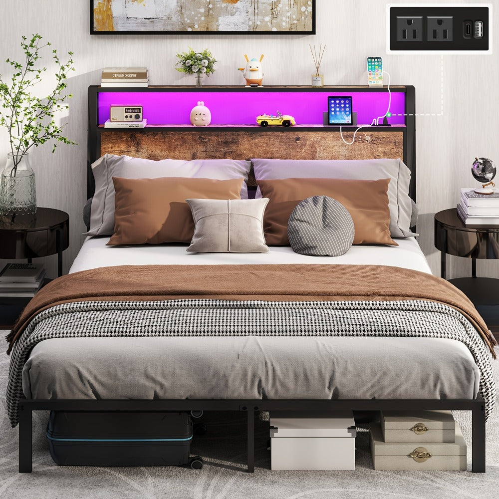 LED Bed Frame with Storage Headboard Charging Station 12 Color Lights Under Bed Storage No Box Spring Full Queen King