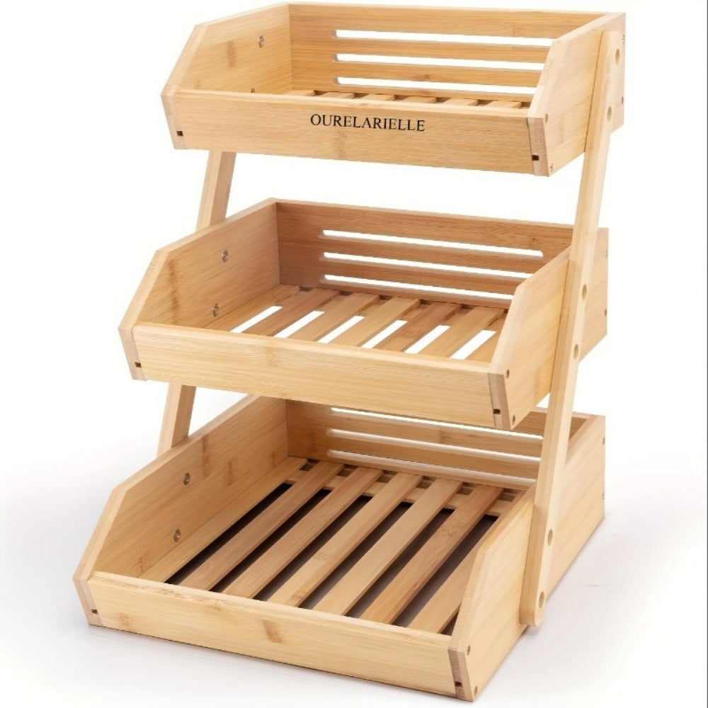 Bamboo Fruit Basket Rack for Kitchen Counter – 2 or 3 Tier Countertop Produce Storage with Ventilation, Removable Hooks & Non-Slip Pads, Natural Wood Organizer for Fruits, Vegetables & Bread